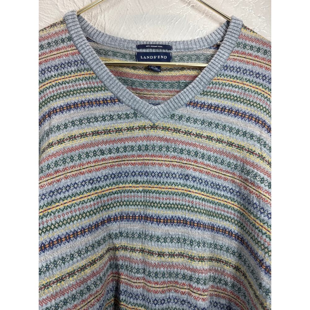 Lands End Grandpa Sweater Striped 100% Merino Wool Pullover V Neck Mens XL 46-48
